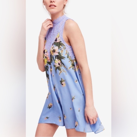 Free People Dresses & Skirts - Free People Women’s Intimatley Periwinkle High Neck Slip Lace Dress Size Small
